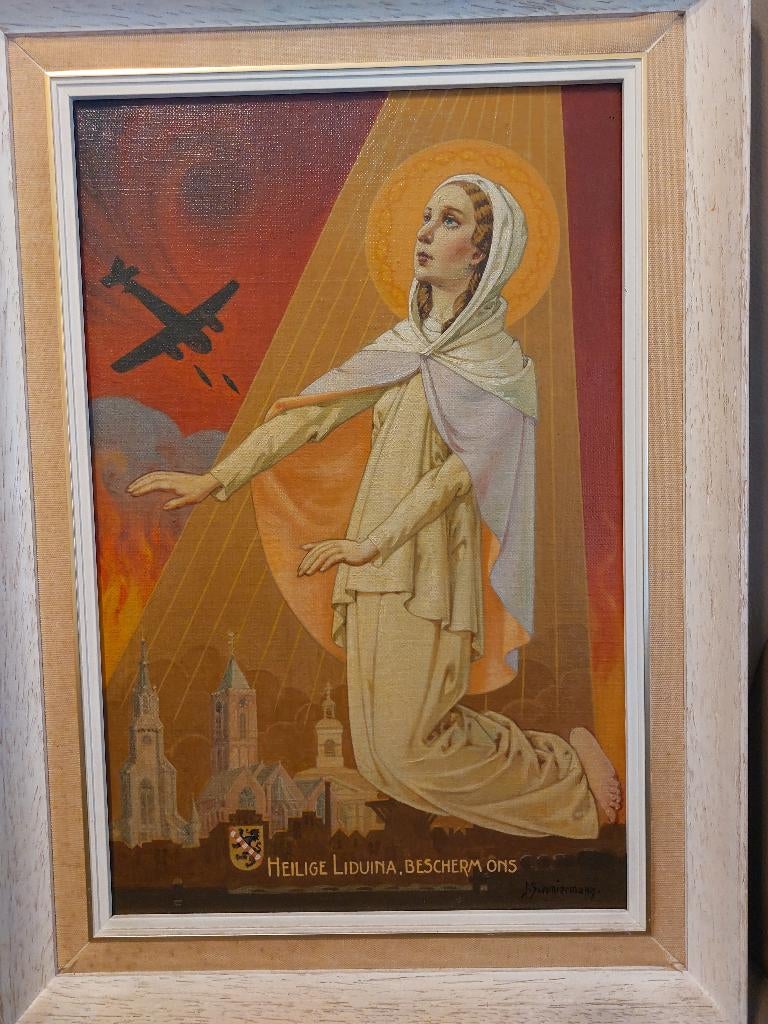 Heilige Liduina Bescherm ons Schiedam Oorlogsjaren, Verzamelen, Ophalen of Verzenden, Overige soorten, Nederland, Kunstobject