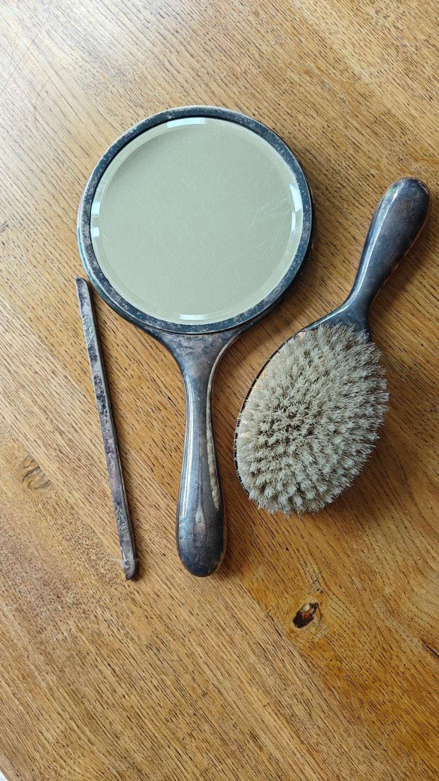 Vintage Zilveren Kapset met Spiegel en Borstel en Kamhouder, Ophalen of Verzenden