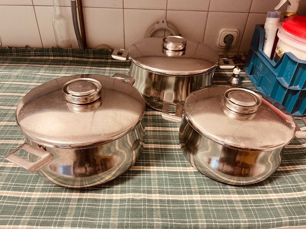 3 Demeyere pannen, Huis en Inrichting, Keuken | Potten en Pannen, Ophalen, Demeyere, Gebruikt, Pannenset