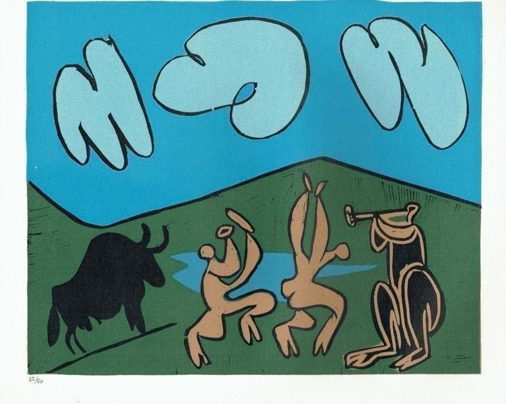 Picasso Bacchanal with Black Bull Linocut Genummerd, Antiek en Kunst, Kunst | Litho's en Zeefdrukken, Ophalen of Verzenden