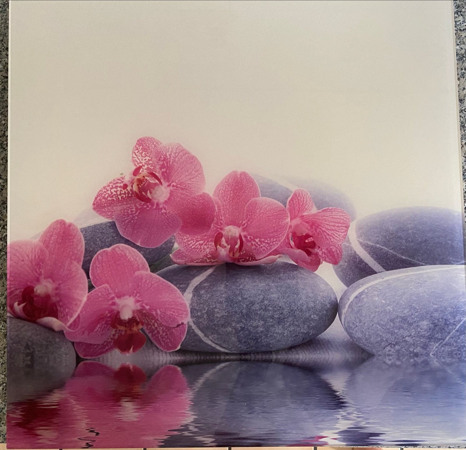 Schilderij met roze orchideeën en stenen, 50x50 cm, 50 – 75, Nieuw, Ophalen of Verzenden, Schilderij