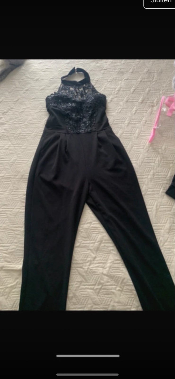 Elegante Zwarte Jumpsuit met Kant en Pailletten - Maat 36, Ophalen of Verzenden, Zo goed als nieuw, Maat 36 (S), Zwart