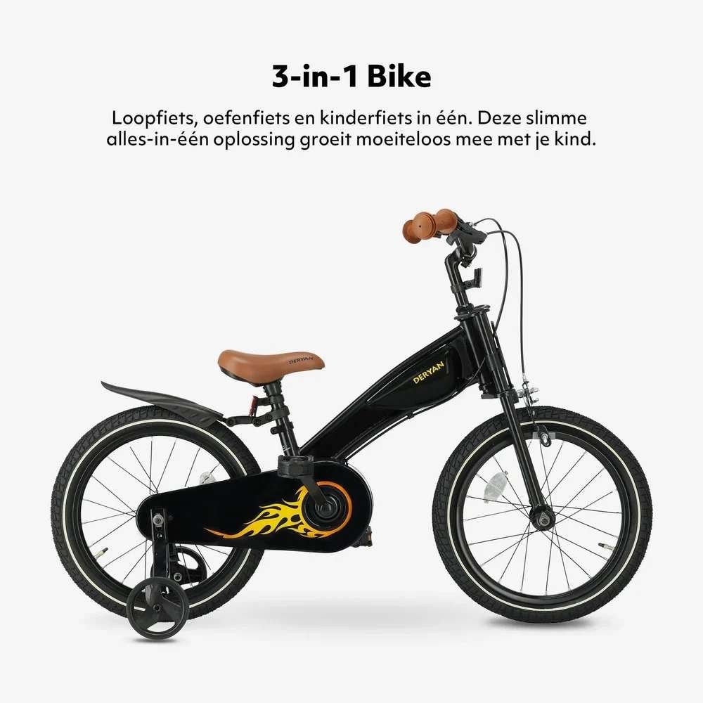 DERYAN Luxe Kinderfiets 14 inch 3-in-1 – Turbo zijwieltjes, Ophalen of Verzenden, Zo goed als nieuw