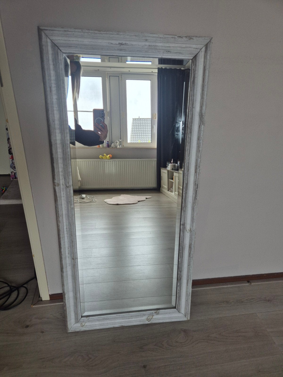 Oude spiegel met houten frame - 115x55 cm, Antiek en Kunst, Ophalen, Rechthoekig, 50 tot 100 cm, 100 tot 150 cm
