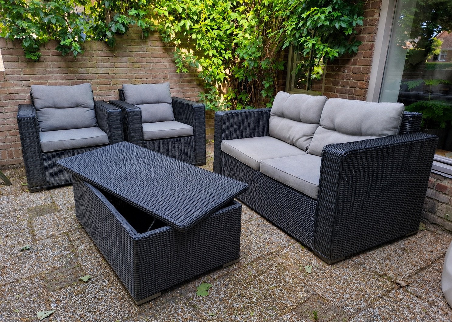 Leuke wicker kunstof Tuinset Loungeset + OPBERGRUIMTE KUSSEN, Tuin en Terras, 4 zitplaatsen, Ophalen of Verzenden, Loungeset, Wicker