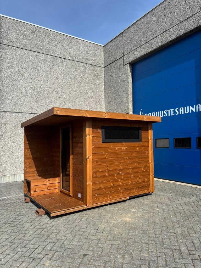 Luxe thermowood buitensauna met luifel. Sauna tuinsauna, Sport en Fitness, Sauna, Ophalen of Verzenden, Zo goed als nieuw, Complete sauna