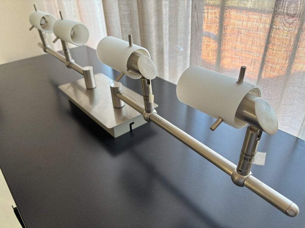 Naxos plafondlamp mat nikkel met 4 spots witglas, Gebruikt, Modern, Dimbaar, Ophalen of Verzenden