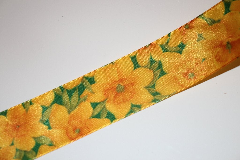 Satijn lint - geel/groen narcis bloemen - 40mm #3121, Ophalen of Verzenden, Nieuw, Lint, Band of Elastiek