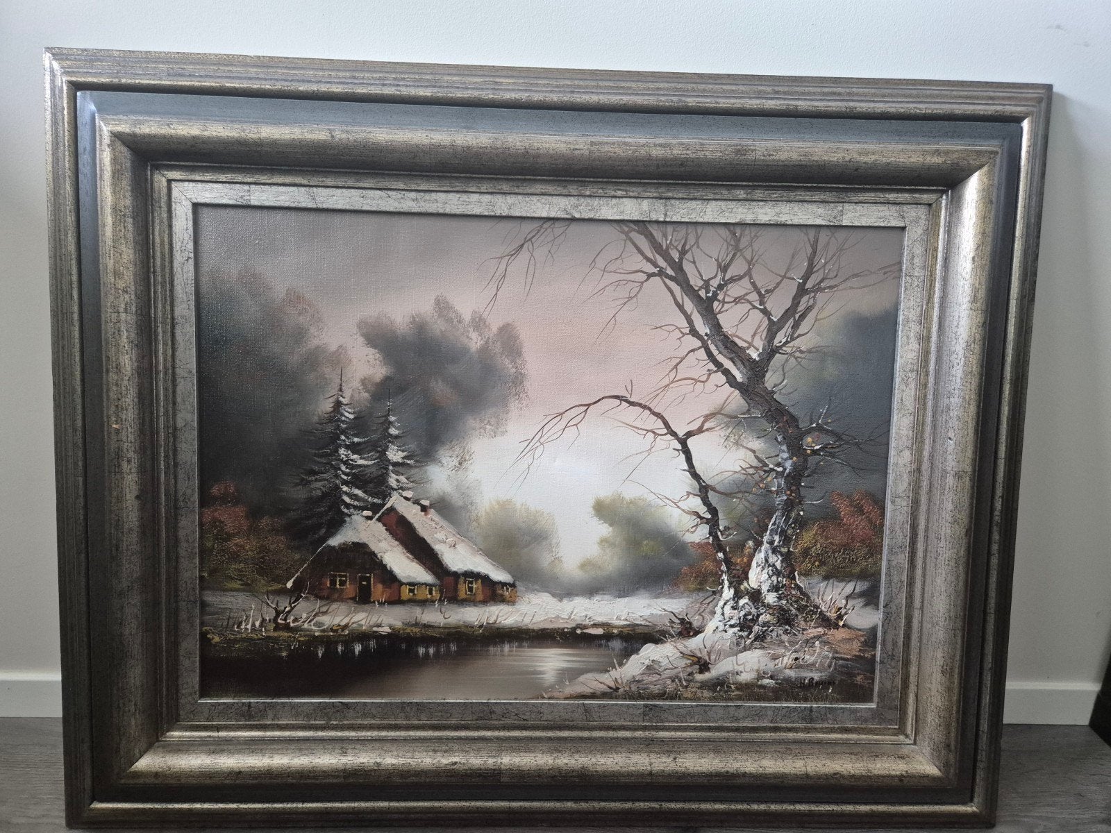 Schilderij winterlandschap met boerderij, gesigneerd, Antiek en Kunst, Kunst | Schilderijen | Klassiek, Ophalen