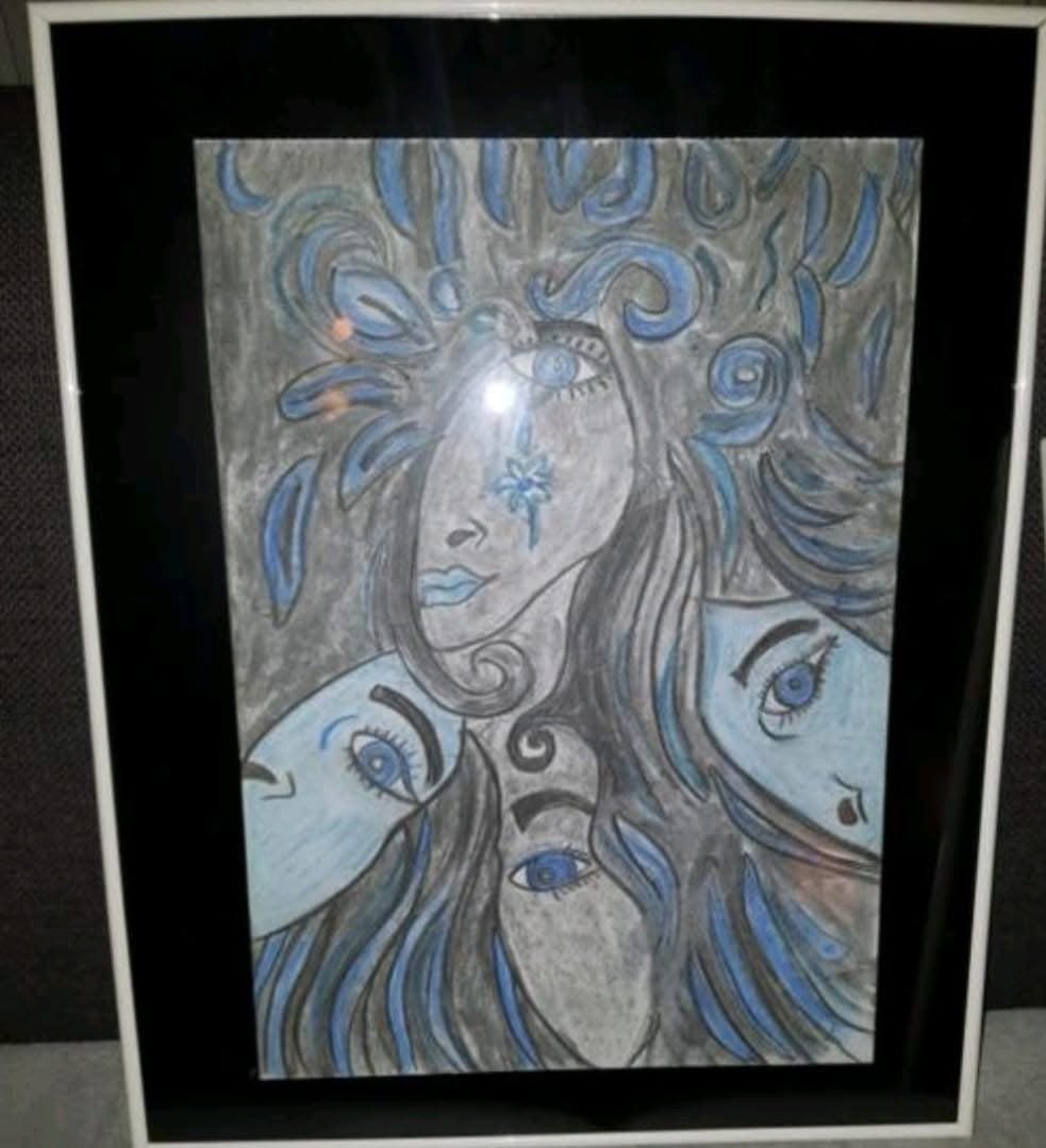 Ingelijste Tekening: Mysterieuze Vrouwen in Blauw, Antiek en Kunst, Kunst | Tekeningen en Foto's, Ophalen, Tekening, Potloodtekening