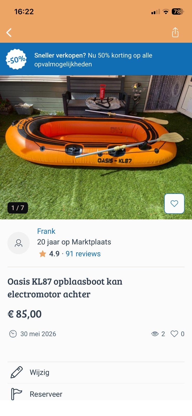 Oasis KL87 opblaasboot compleet tot 250 Kg., Ophalen, Zo goed als nieuw