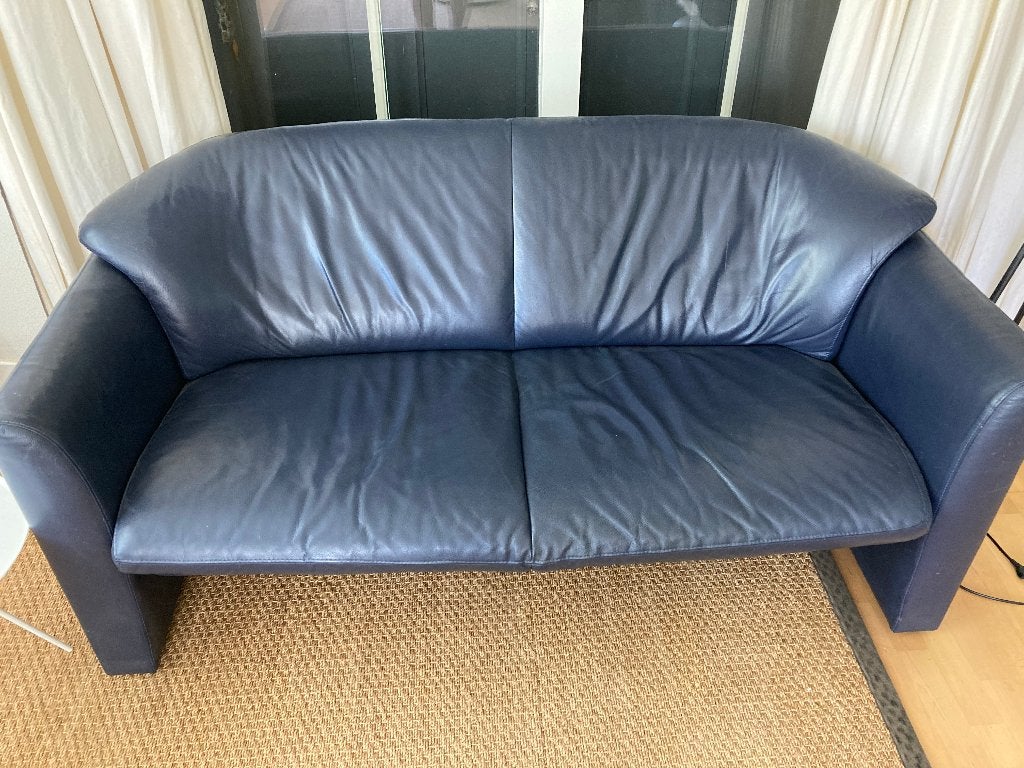 Leolux bank, opnieuw bekleed in blauw leer, Ophalen, Gebruikt, 150 tot 200 cm, Tweepersoons