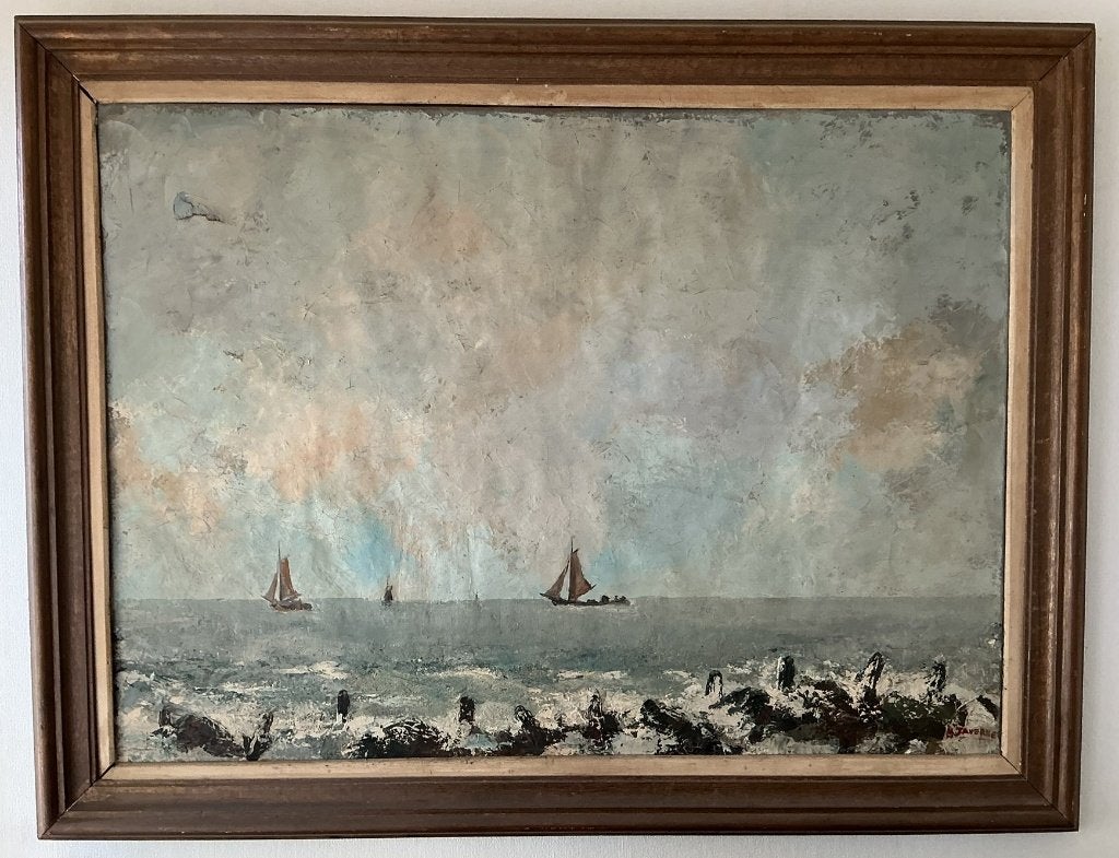 Antiek schilderij "Zeegezicht met Zeilschepen" (H. Taverne), Antiek en Kunst, Kunst | Schilderijen | Klassiek, Ophalen