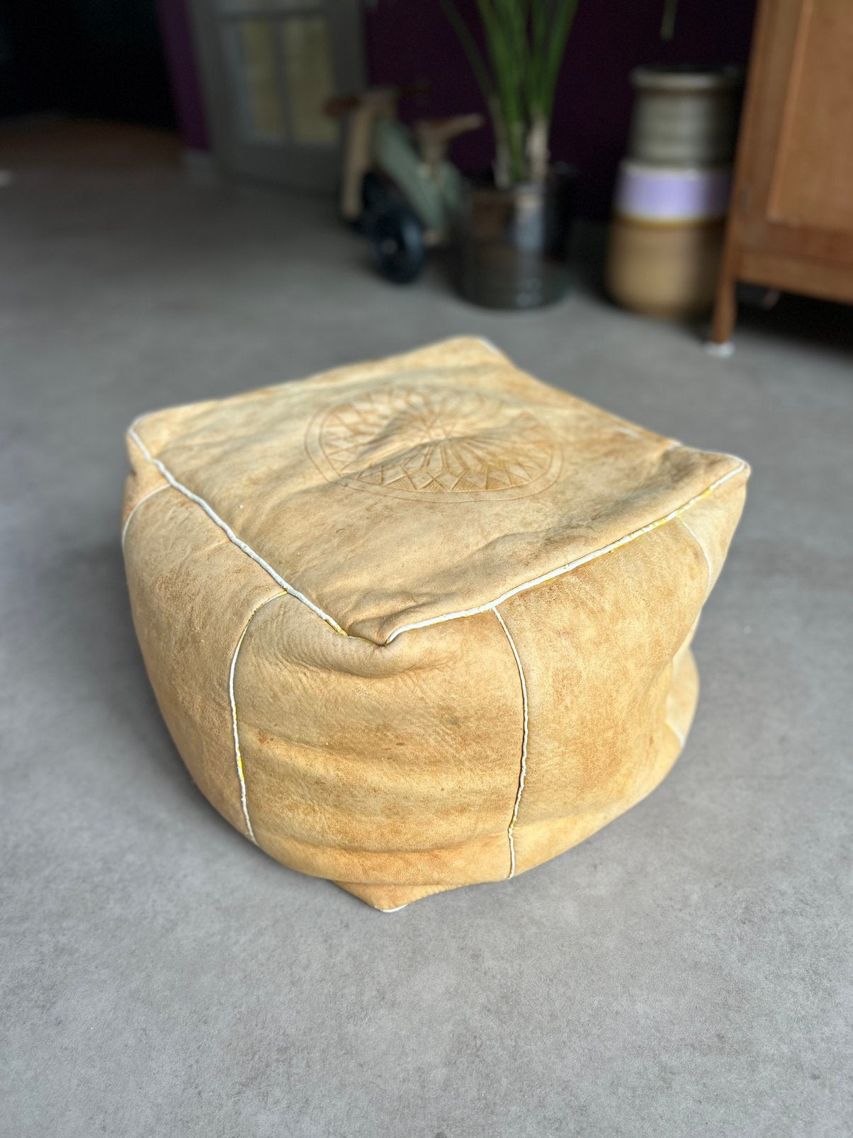 Marrokkaanse leren poef, Minder dan 50 cm, Vierkant, Leer, Ophalen of Verzenden