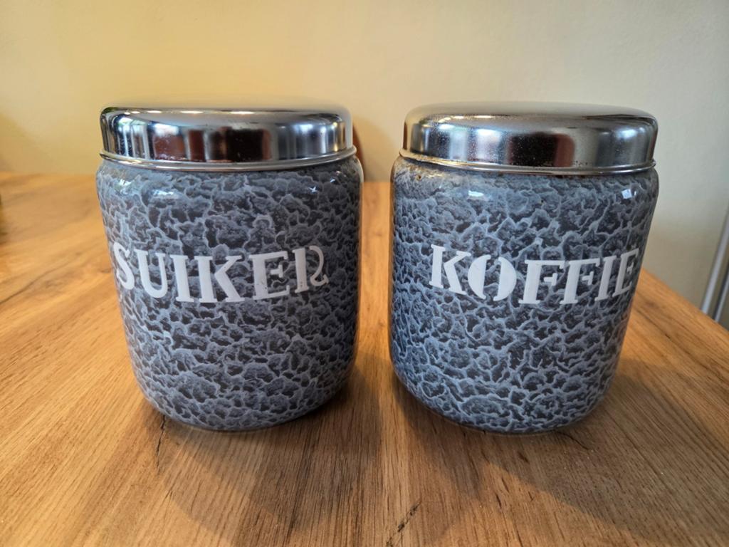 Grijs gewolkt emaille suiker en koffie bussen, Ophalen of Verzenden