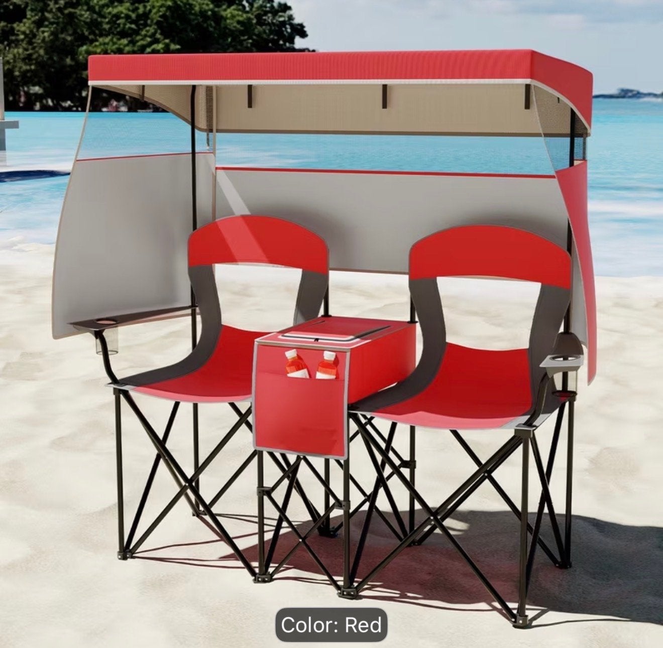 Opvouwbare Strandstoel met Parasol en Koeltas - Rood, Ophalen of Verzenden, Nieuw, Textileen, Inklapbaar
