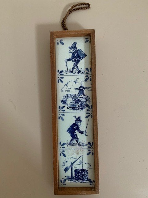 Ingelijst verticaal tegeltje 4 afbeeldingen, delfts blauw., Ophalen