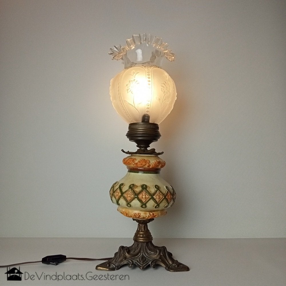 Brocante staande lamp messing en keramiek met schakelaar, Ophalen of Verzenden