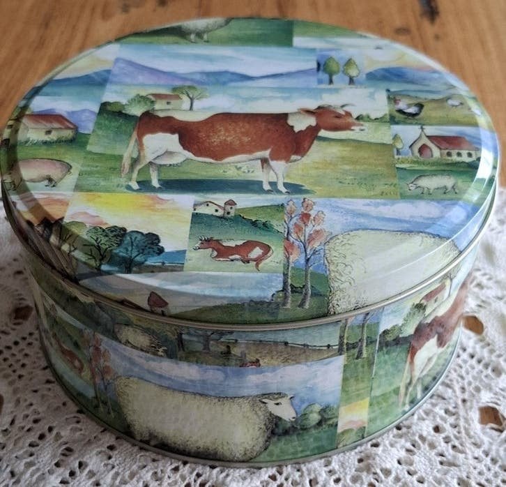 Blik met koeien, kippen, schapen, boerderijdieren, Verzamelen, Blikken, Ophalen of Verzenden, Gebruikt, Koek(jes), Overige merken
