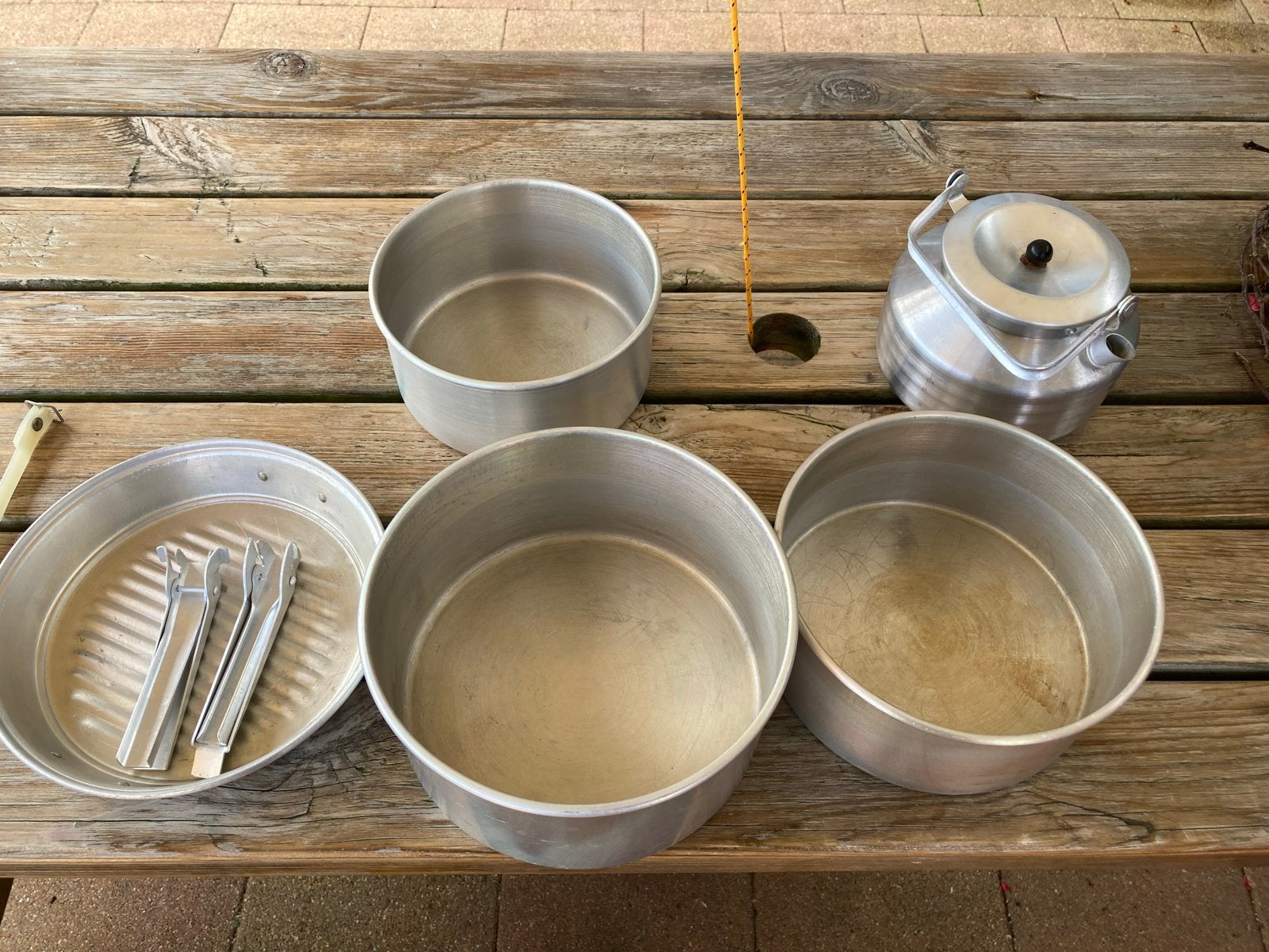 Vintage aluminium kampeer kookset met ketel, Caravans en Kamperen, Ophalen, Gebruikt