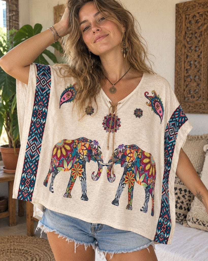 Wayan kaftan blouse olifanten  / One Size  Boho maat 38-44, Maat 38/40 (M), Meerkleurig, Ophalen of Verzenden, Zo goed als nieuw