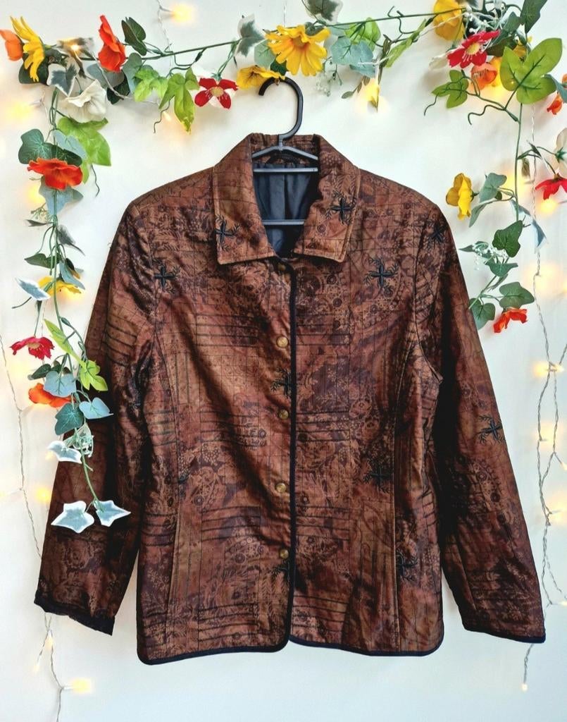 Zeer unieke vintage glanzende geborduurde zomerjas, Ophalen of Verzenden, Zo goed als nieuw, Maat 38/40 (M), Bruin