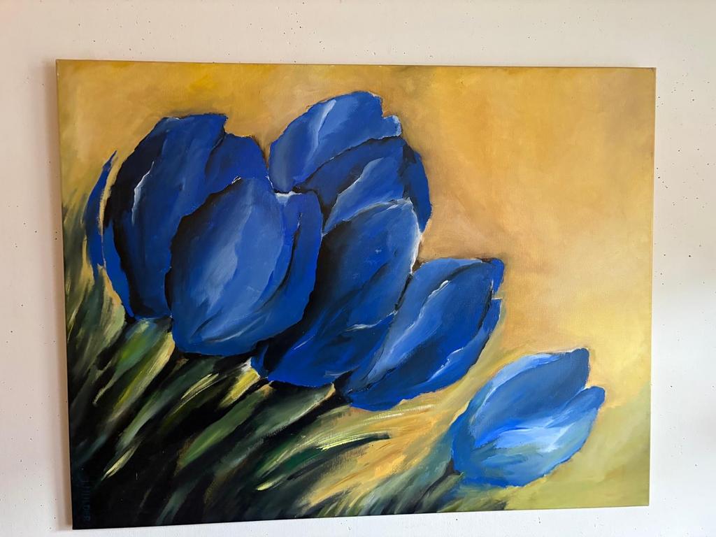 Blauwe tulpen129 x 100 cm, Antiek en Kunst, Kunst | Schilderijen | Klassiek, Ophalen of Verzenden