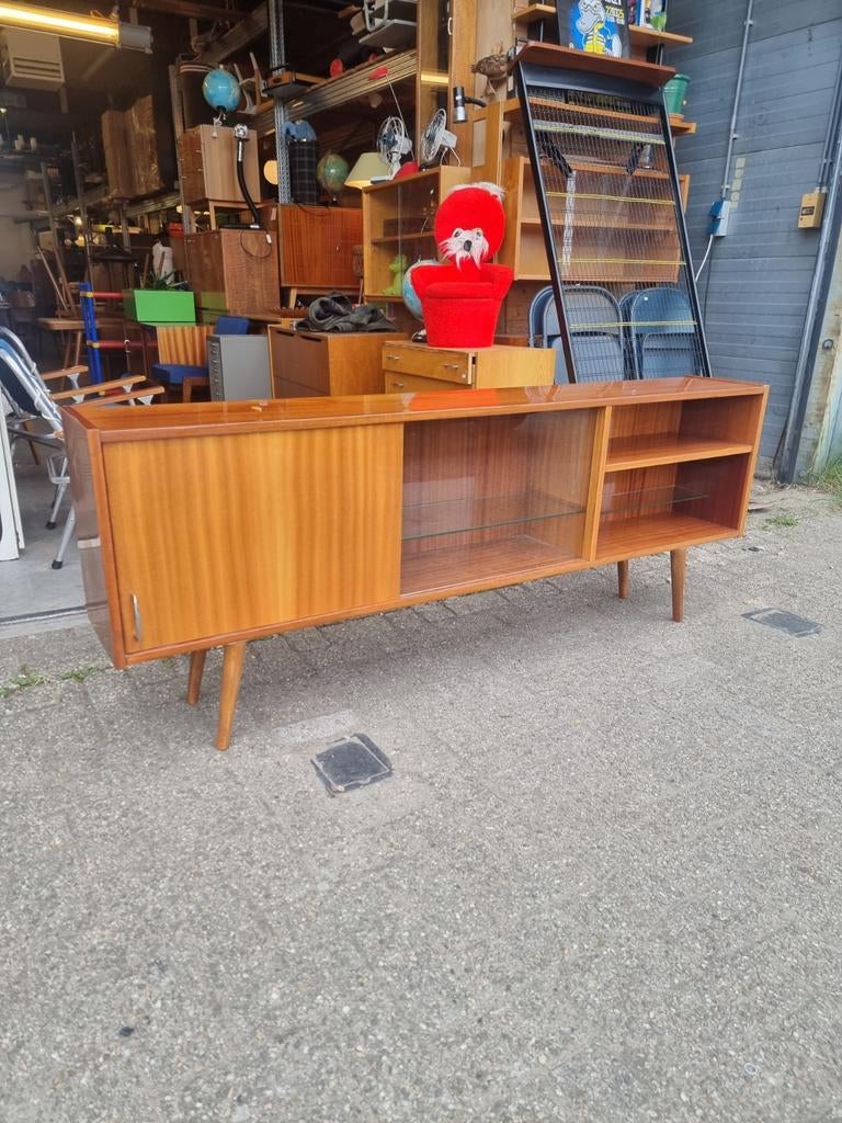 Vintage lowboard met vitrine jaren 60-70, Huis en Inrichting, Kasten | Dressoirs, Ophalen, ,, Zo goed als nieuw, ,