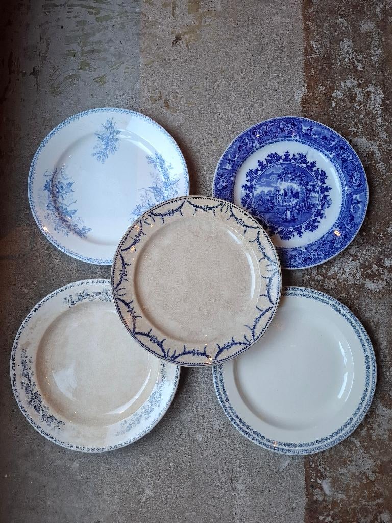 5 grote mix en match borden (ca 30 cm!) uit ca. 1900, Ophalen of Verzenden