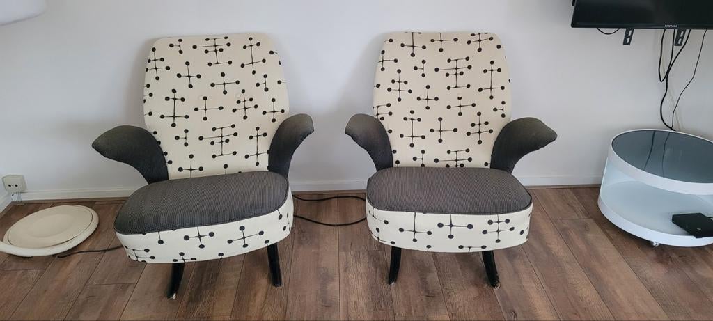 Theo Ruth Pinguïn Stoelen - Jaren 50 Design, Huis en Inrichting, Fauteuils, Gebruikt, Hout, Stof, 50 tot 75 cm, Minder dan 75 cm