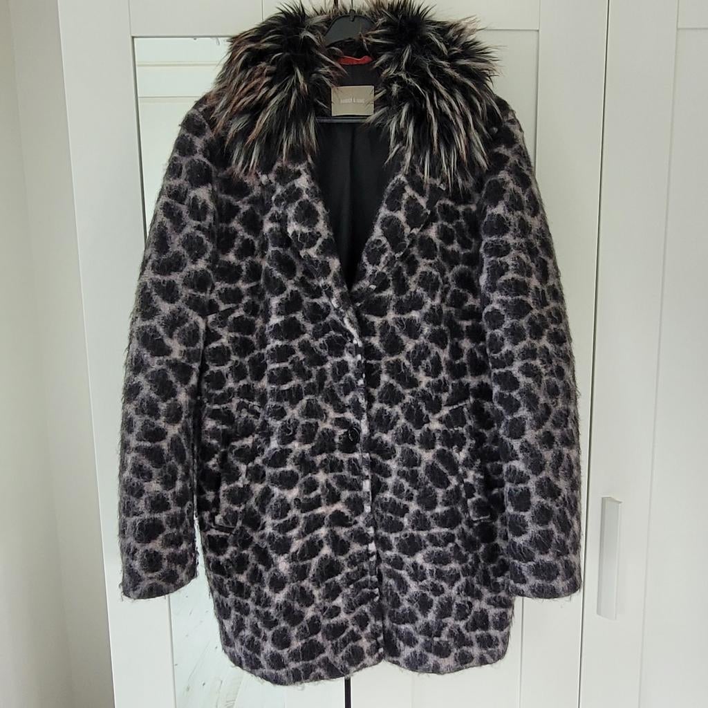 Amber & June winterjas 44 L wol zwart/grijs leopard print, Amber & June, Zwart, Maat 42/44 (L), Ophalen of Verzenden