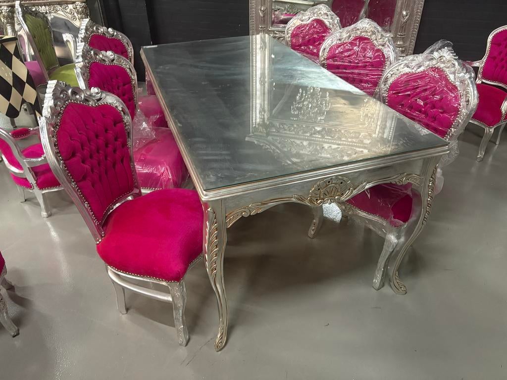 6 stoelen en tafel met glas plaat - 200cm, Huis en Inrichting, Tafels | Eettafels, Zo goed als nieuw, 100 tot 150 cm, 200 cm of meer