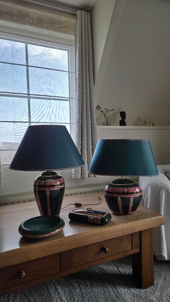 Vintage Petrol Schemerlamp met Schaaltjes, Gebruikt, Vintage, Ophalen of Verzenden, Glas
