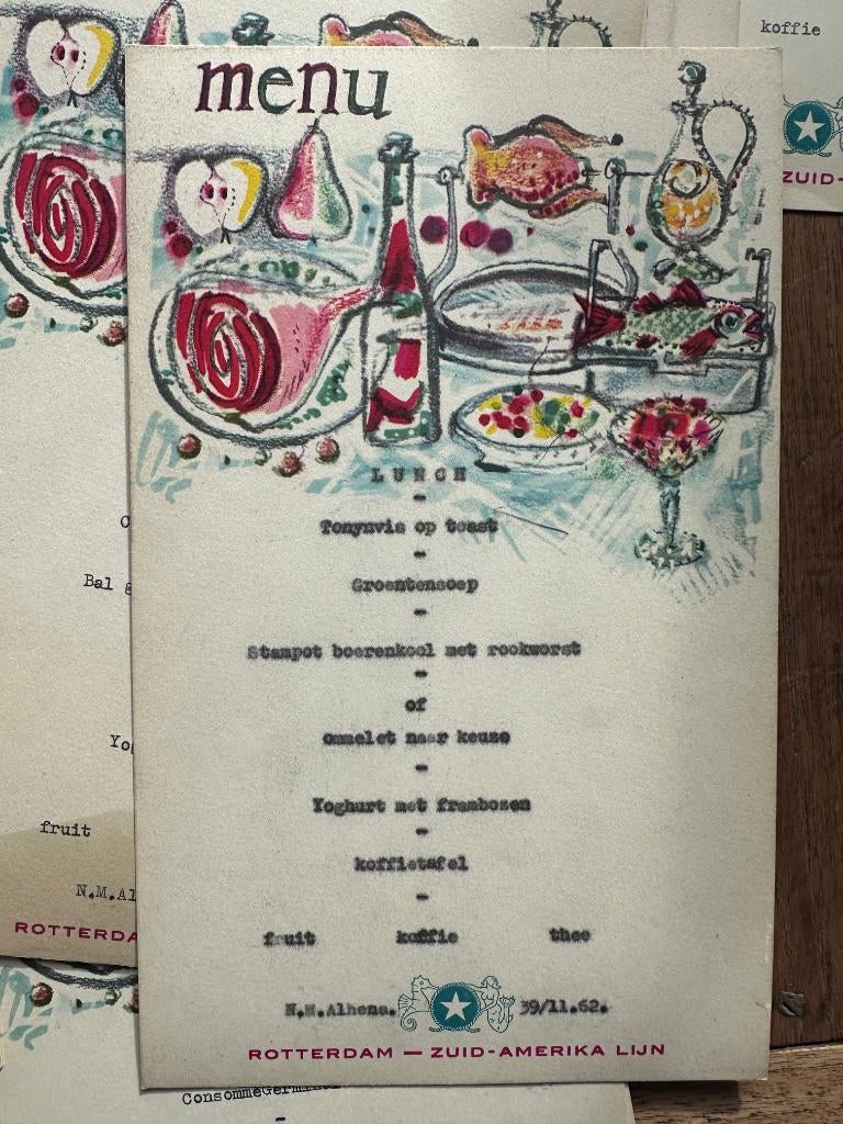 Menu kaarten Rotterdam Alhena 1962, Verzamelen, Verzenden, Zo goed als nieuw, Kaart, Foto of Prent