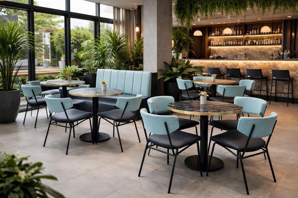 Horecaset Ocean 7 tafels, 2 banken, 18 stoelen, 4 krukken, Ophalen of Verzenden