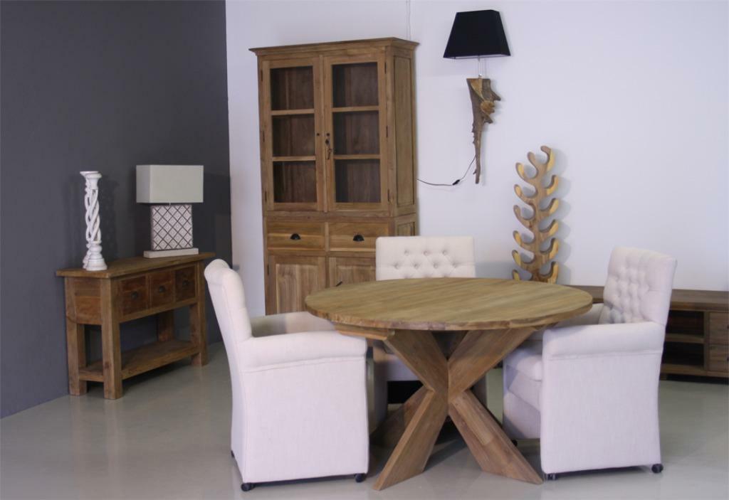 Robuuste ronde teak tafel met kruispoot ; Indoteak!, Ophalen, Tafel, Nieuw, Vijf personen of meer