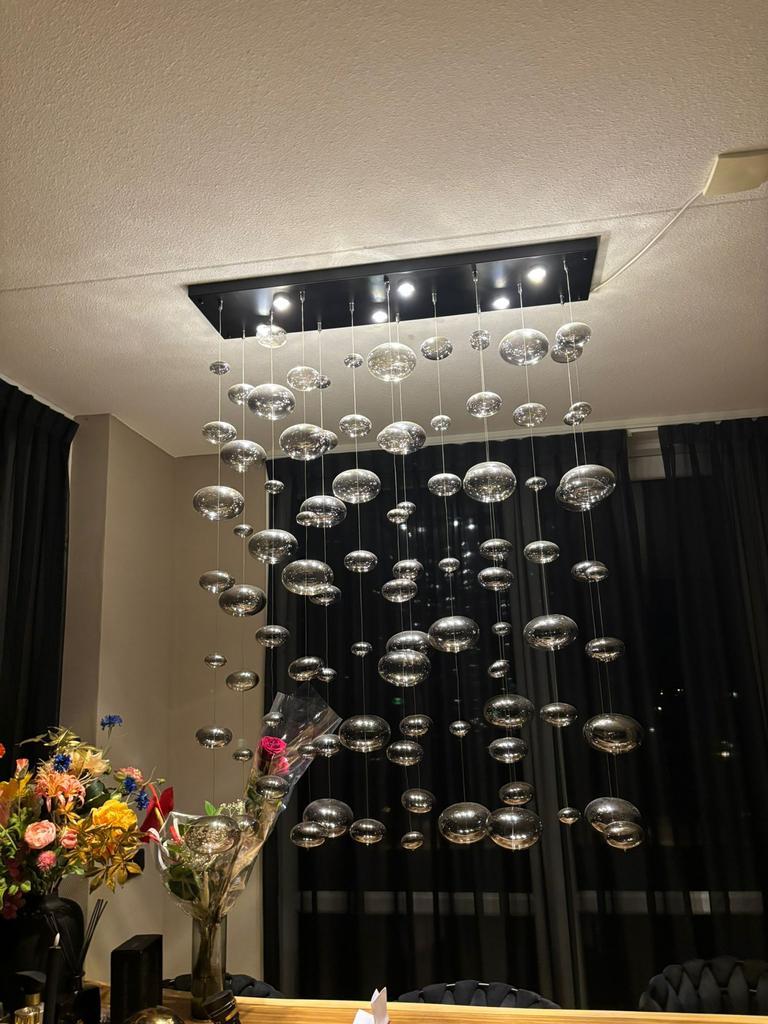 Hanglamp glazen bollen smoke, Ophalen of Verzenden, Zo goed als nieuw, Glas, 75 cm of meer