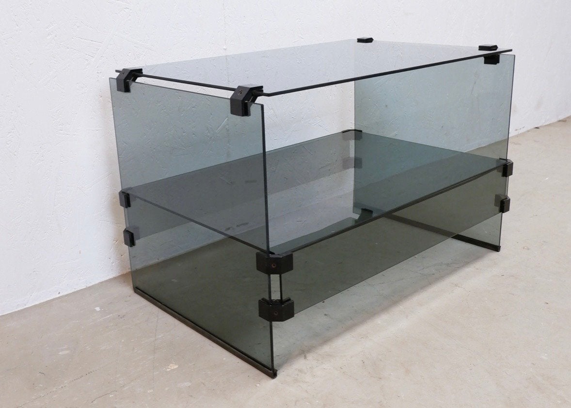 Pieterman glazen audiomeubel/bijzettafel jaren '80, Minder dan 45 cm, Rechthoekig, 55 tot 75 cm, Ophalen of Verzenden