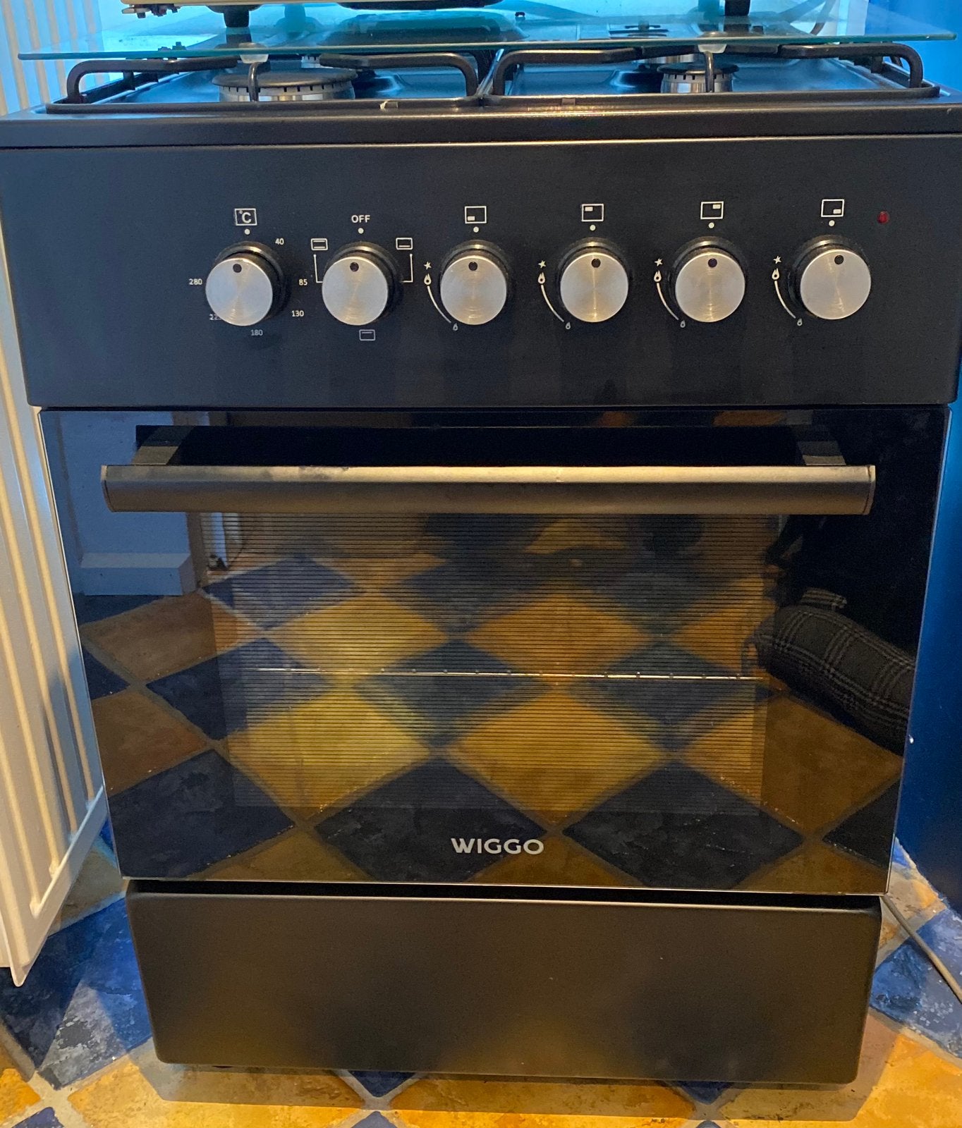 Wiggo WO-E603R(BB) gasfornuis 4 pits + elektrische oven, Ophalen, Gebruikt, 4 kookzones, 85 tot 90 cm