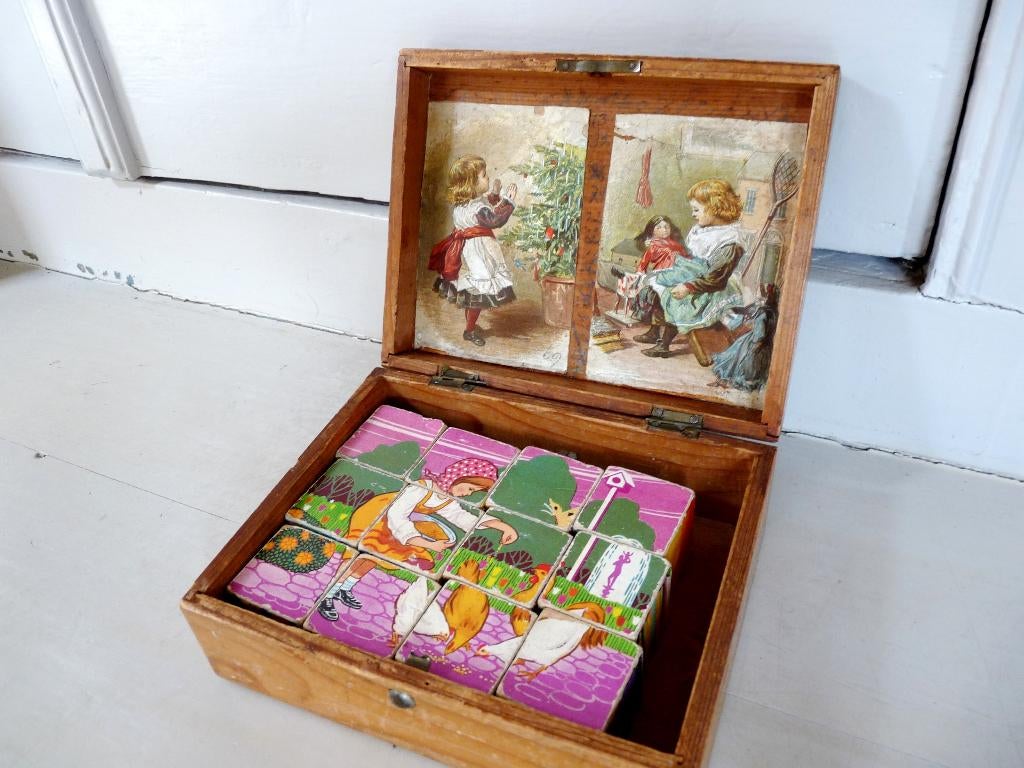 Uniek Antiek kistje met Victoriaanse Litho's & Blokkenpuzze, Verzenden, Gebruikt