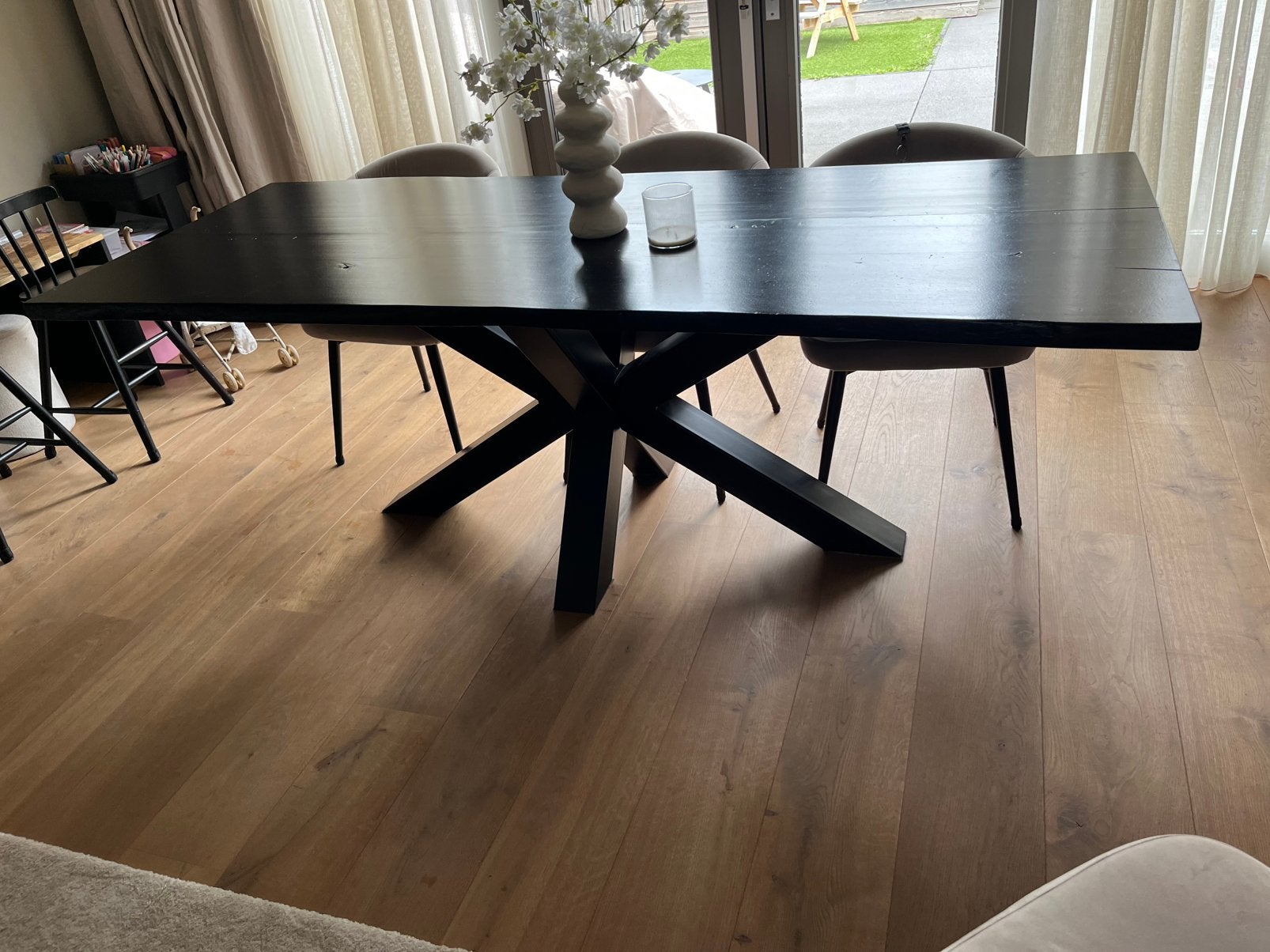 Houten eettafel zwart 220cm met spinpoot, Ophalen, Gebruikt, 200 cm of meer, 50 tot 100 cm