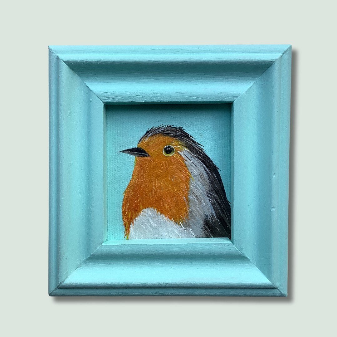 Handbeschilderd en ingelijste canvas 'Roodborstje', Ophalen of Verzenden