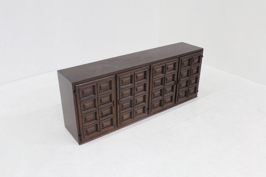Vintage Spanish Brutalist Sideboard Credenza, Ophalen of Verzenden, 200 cm of meer, 25 tot 50 cm, Overige houtsoorten