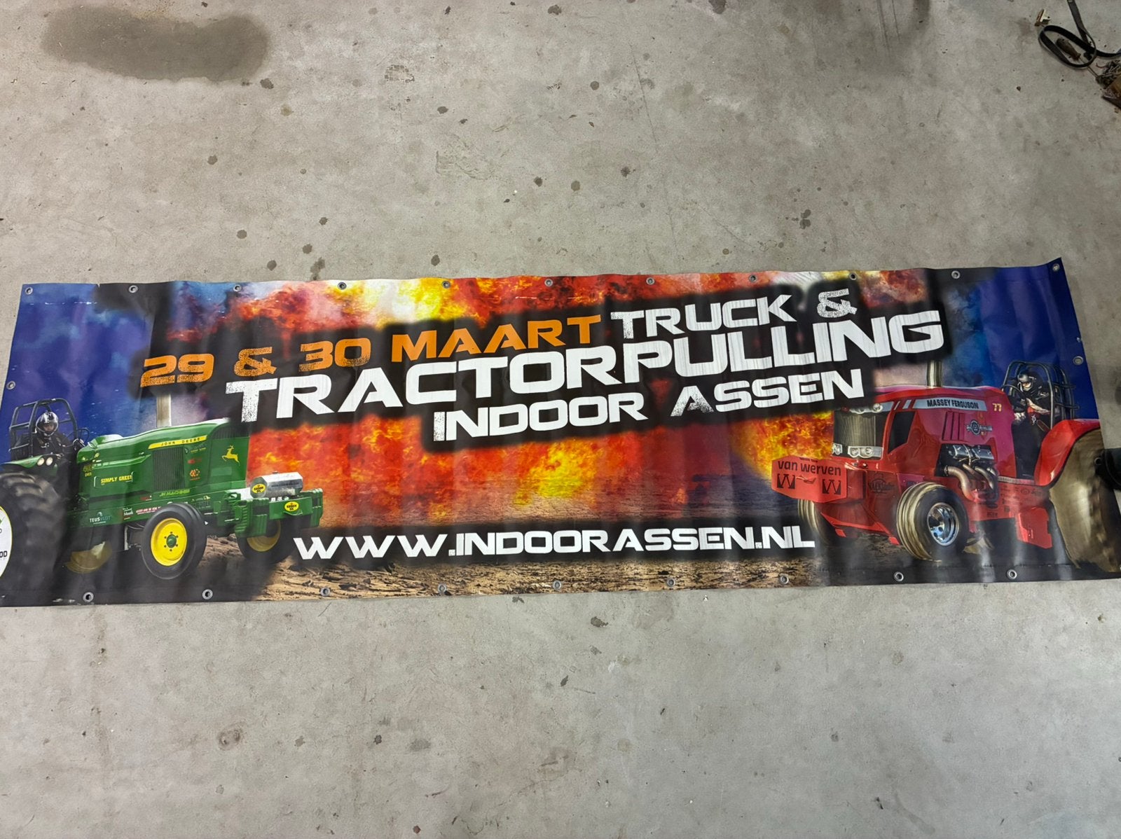Reclame banner/zijl trekkertrek, Gebruikt, Deurposter of groter, Rechthoekig Liggend, Ophalen of Verzenden