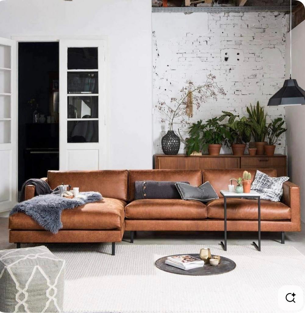 Z.g.a.n. Bodilson Chili hoekbank links, cognac microleder, Huis en Inrichting, Banken | Bankstellen, Zo goed als nieuw, Vierpersoons of meer