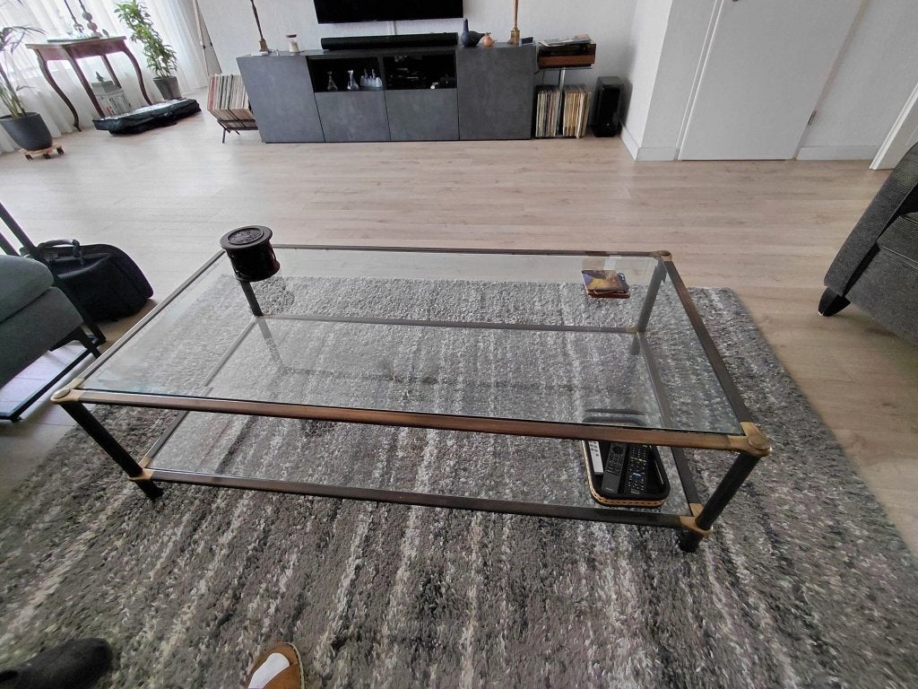 Salontafel, Ophalen, Gebruikt, 100 tot 150 cm, Bronzen frame met gehard glas