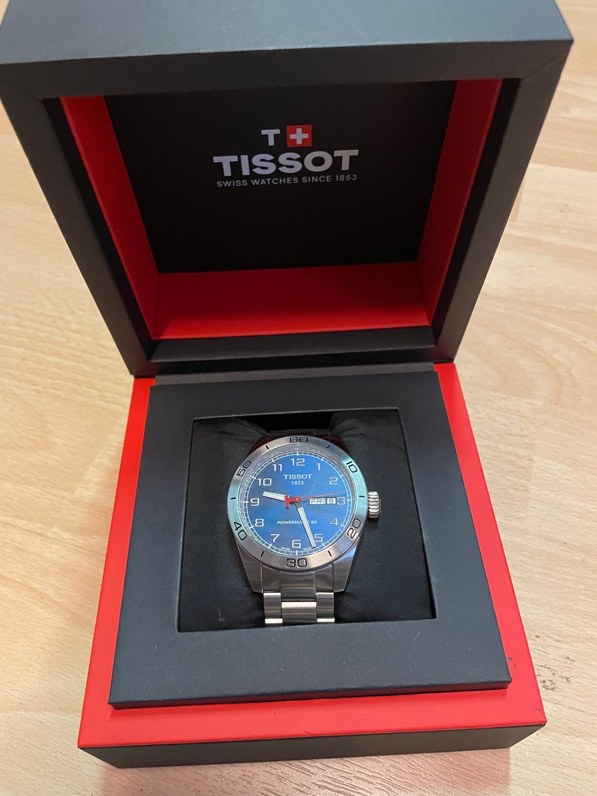 Tissot powermatic 80 Blauw, Ophalen, Zo goed als nieuw, Staal, Overige merken