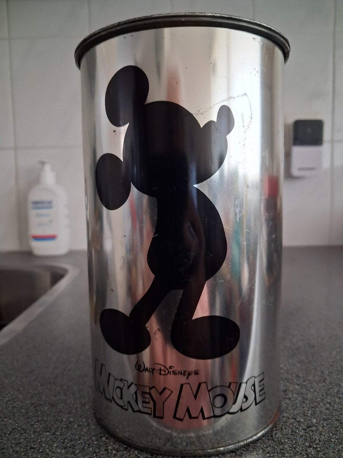 BIJZONDER FRAAI ZILVERKLEURIG MICKEY MOUSE BLIK VAN LEONARDO, Verzamelen, Blikken, Ophalen of Verzenden, Gebruikt, Overige, Overige merken