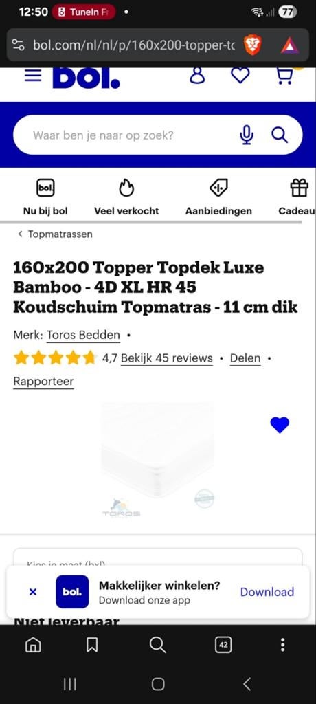Topper 160x200, Huis en Inrichting, Slaapkamer | Matrassen en Bedbodems, Ophalen of Verzenden, Zo goed als nieuw, Tweepersoons