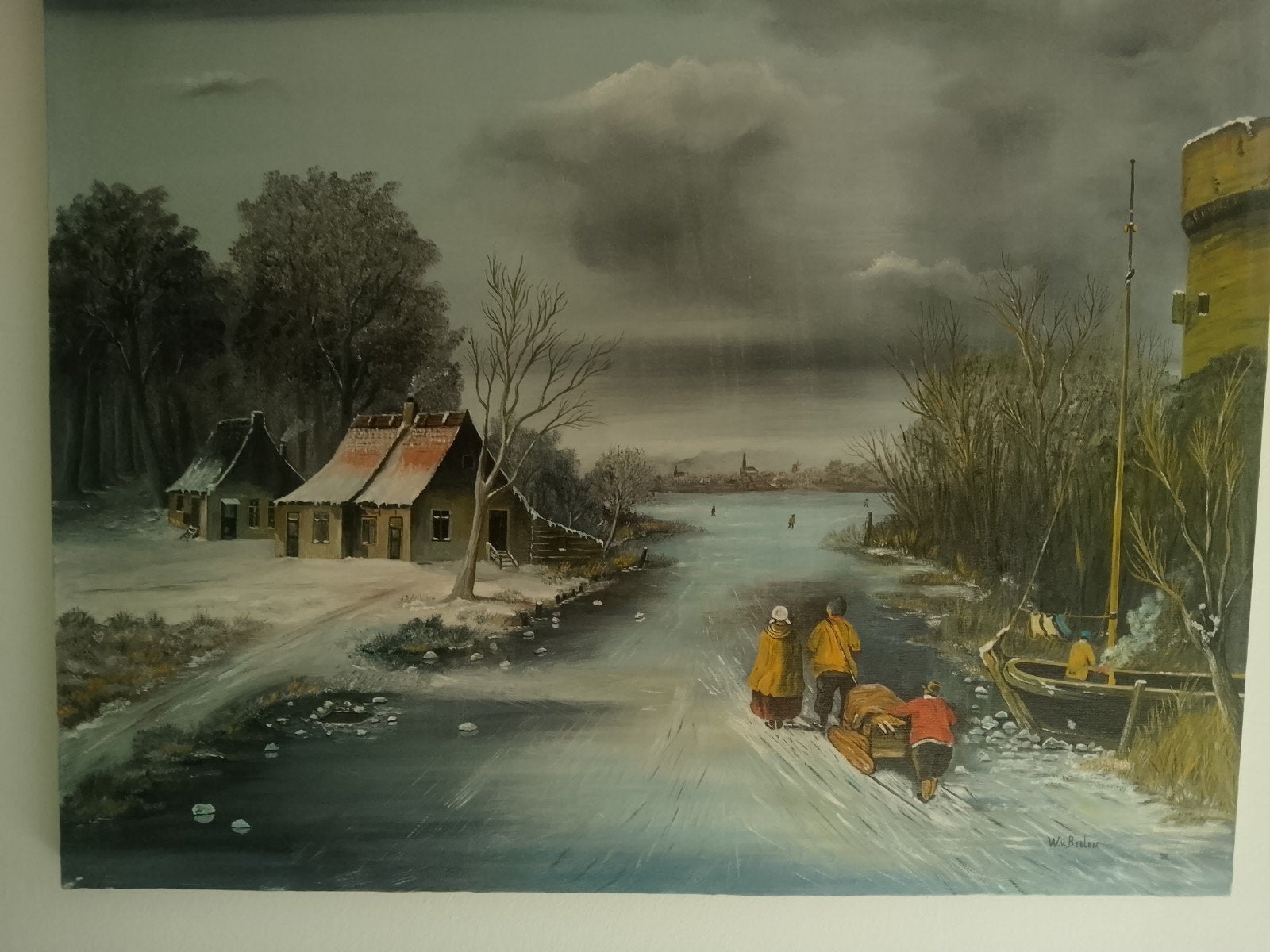 Winterlandschap met schaatsers en dorpsgezicht 70l60 cm., Ophalen